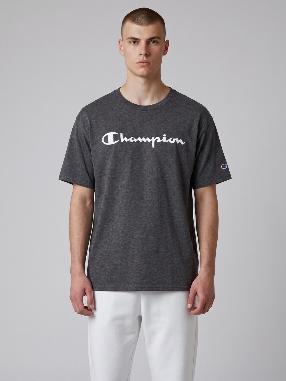 Vintage Champion Short Sleeve Logo T‑Shirt in Charcoal Gray